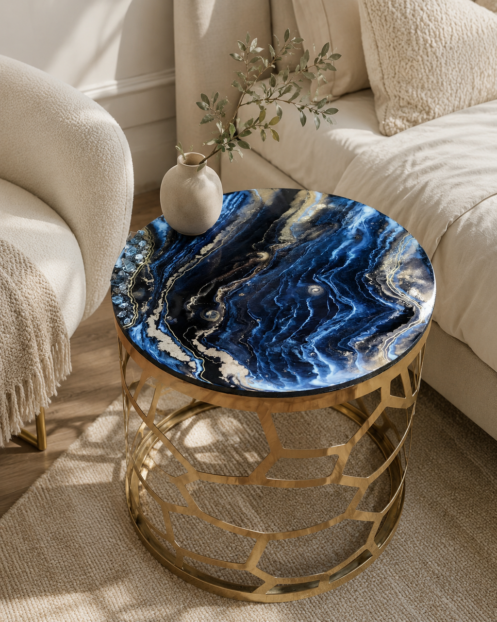Table - Marble Effect Black Top  with Golden Stand