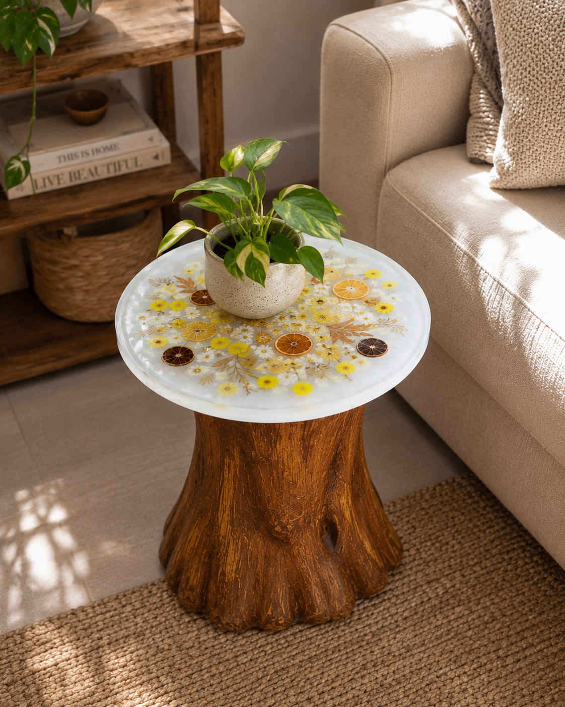 Table - Floral with a Tree Trunk Base