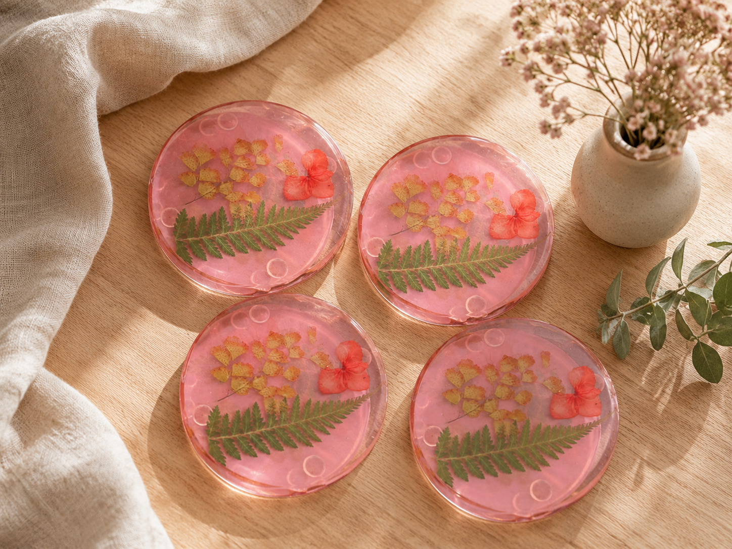 Coasters - Pink with Dried Leaves