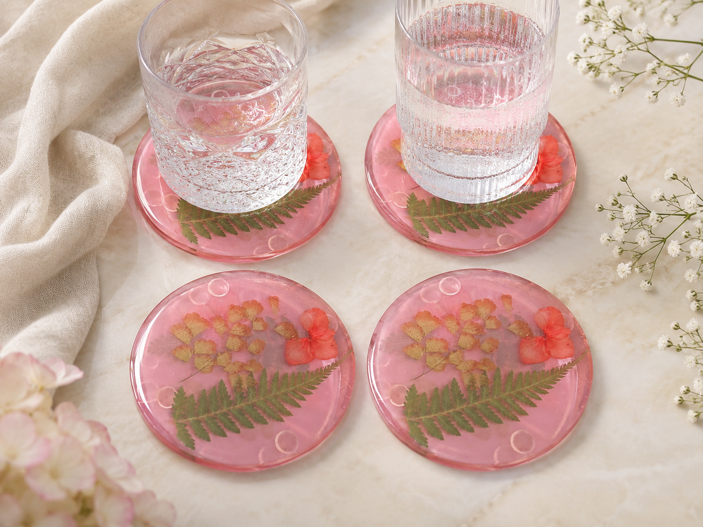 Coasters - Pink with Dried Leaves